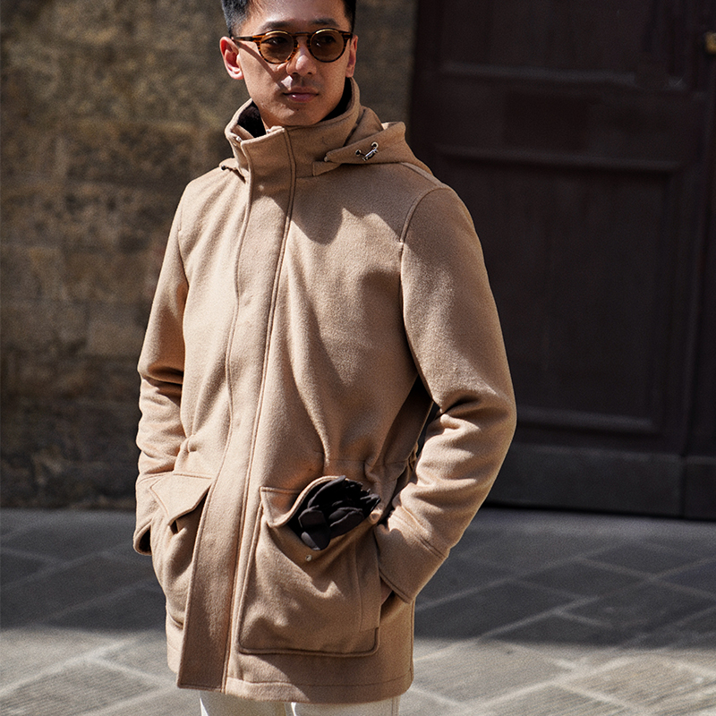 CM那不勒斯皇后正驼色羊毛羊绒混纺派克中长款男士派克风衣155