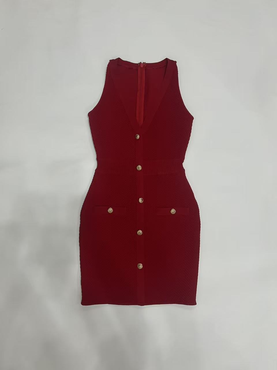 深V红色小香风连衣裙