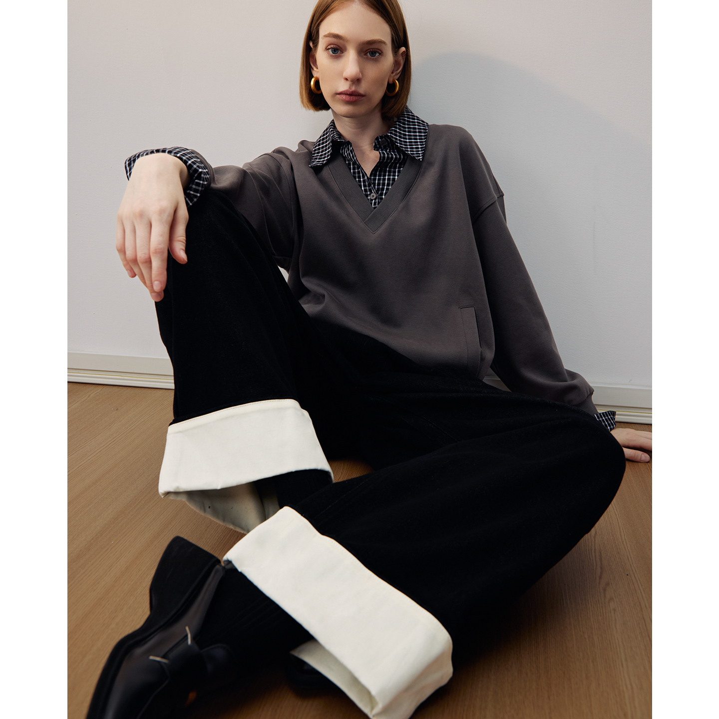 DNCY丨休闲裤松弛拼接翻边裤脚阔腿直筒裤女2025秋冬新款拖地裤