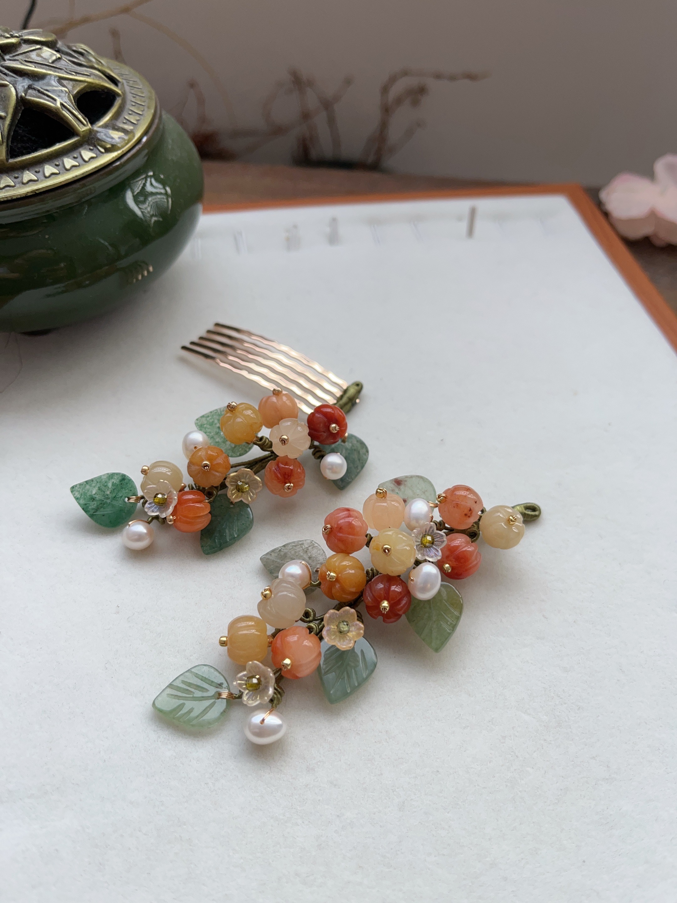 原创风晚林浮力雕刻南瓜树叶多宝软杆汉服旗袍发簪