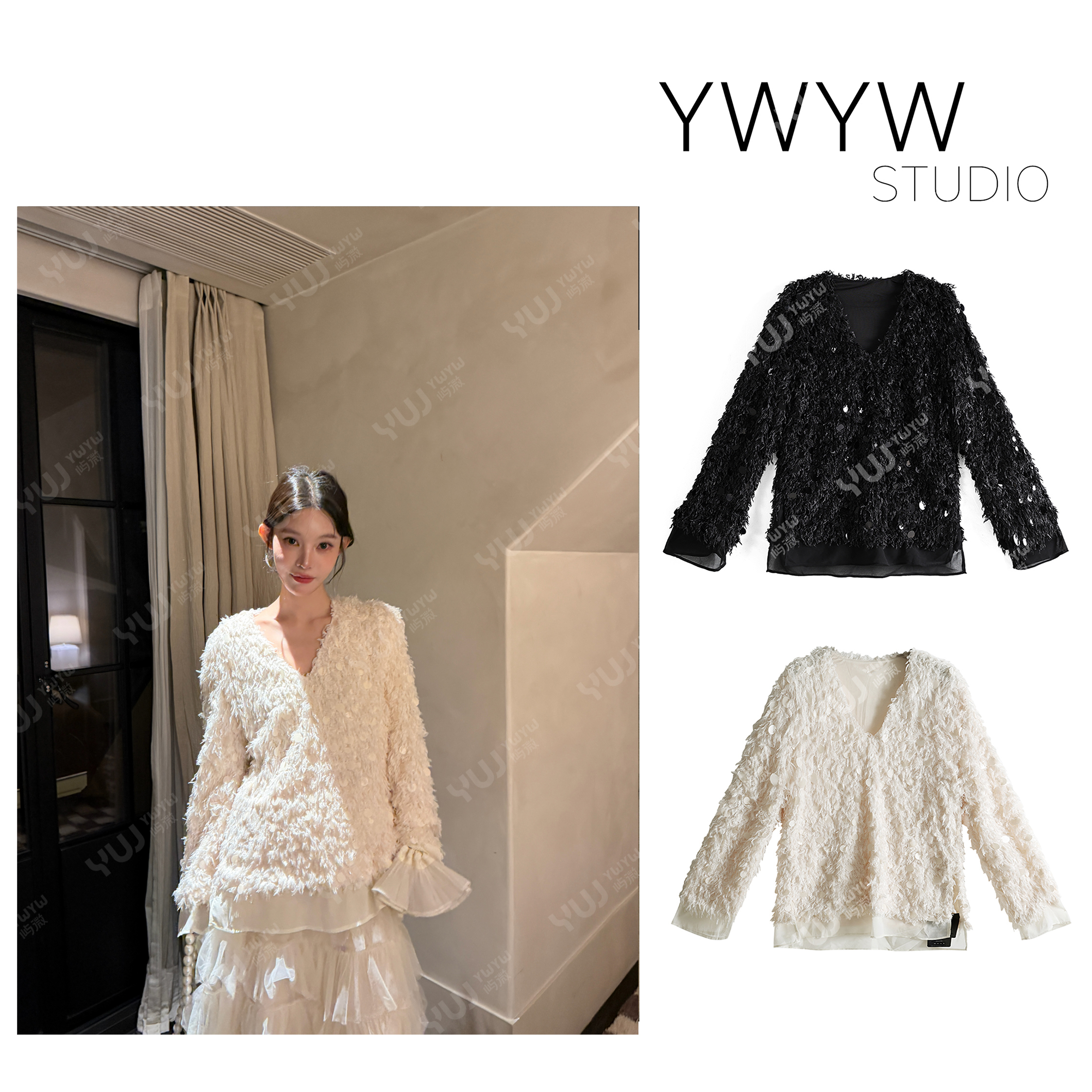 【YWYW25F/W】V领大亮片点缀流苏氛围感气质镂空网纱长袖上衣5930
