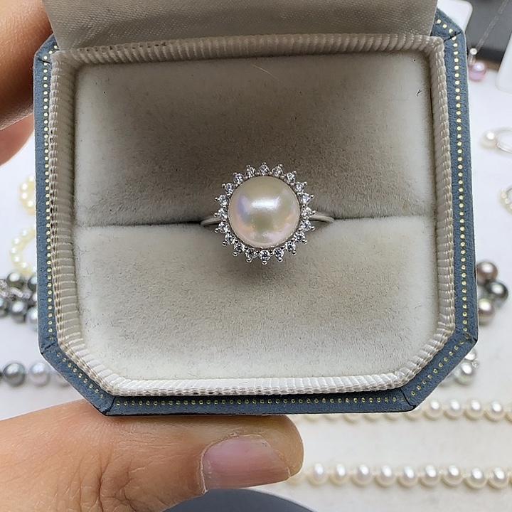 海水珍珠银S925镶嵌戒指海水akoya珍珠戒指8-9mm