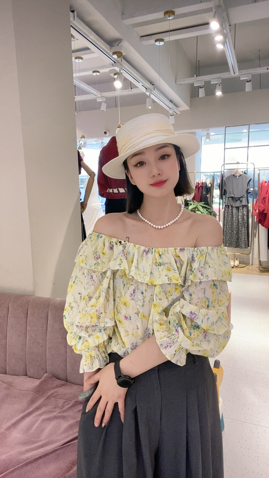 秋季新款气质荷叶边一字领长袖碎花衬衫女装