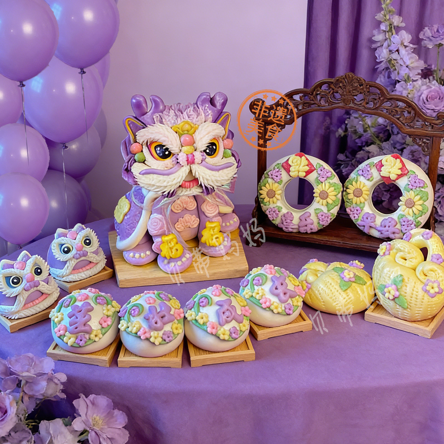 非遗传承网红大醒狮儿童满月百天抓周岁生日宴摆台山东胶东花饽饽