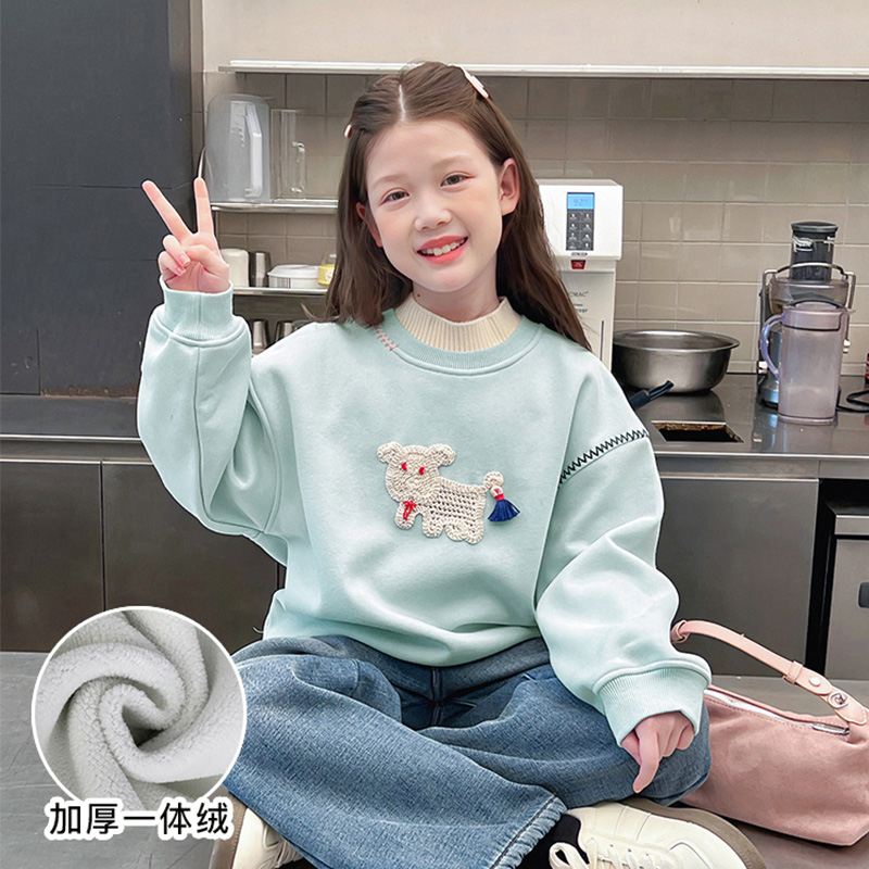 一体绒加厚女童高领刺绣卫衣儿童洋气长袖上衣大童2025冬装新款