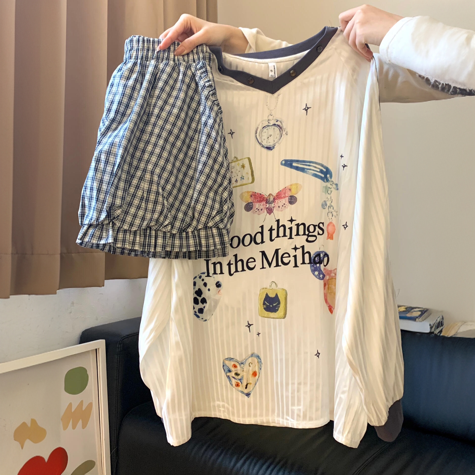 2025春季新款美式复古简约少女风小众印花长袖T恤格纹花苞半身裙