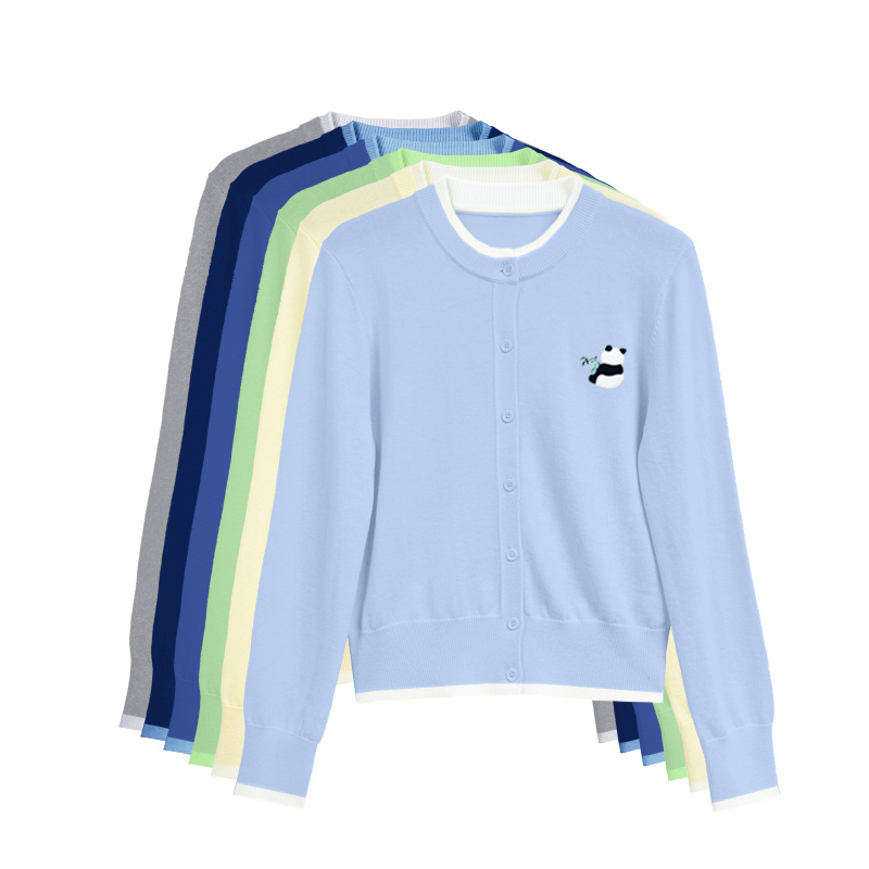 【橙庐】520558熊猫刺绣假两件绵羊毛混纺开衫 春款女士针织中国风