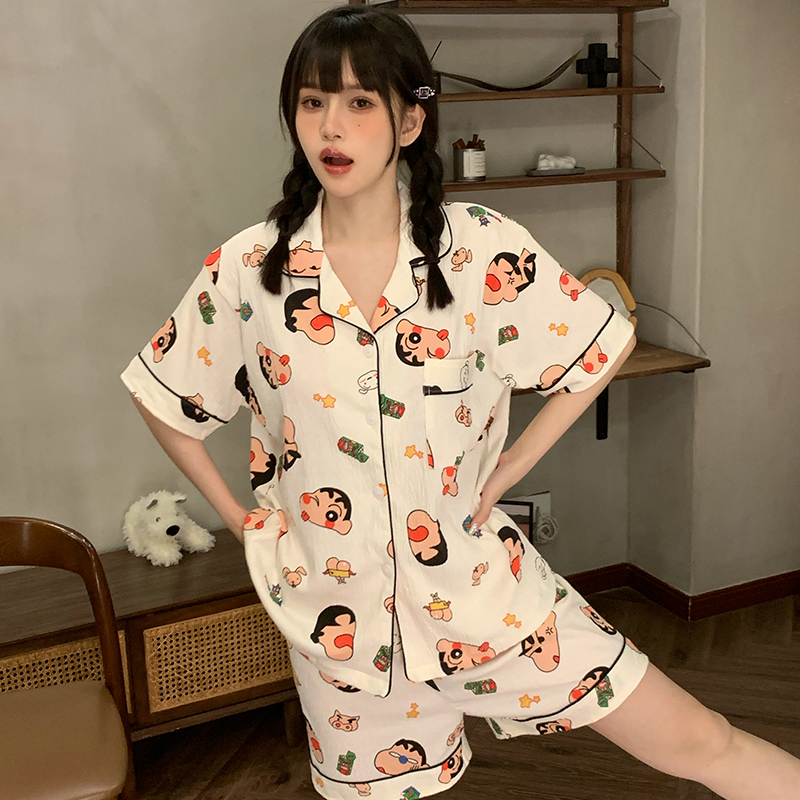 蜡笔小新云朵棉情侣睡衣套装夏季薄款短袖卡通可爱男女士家居服