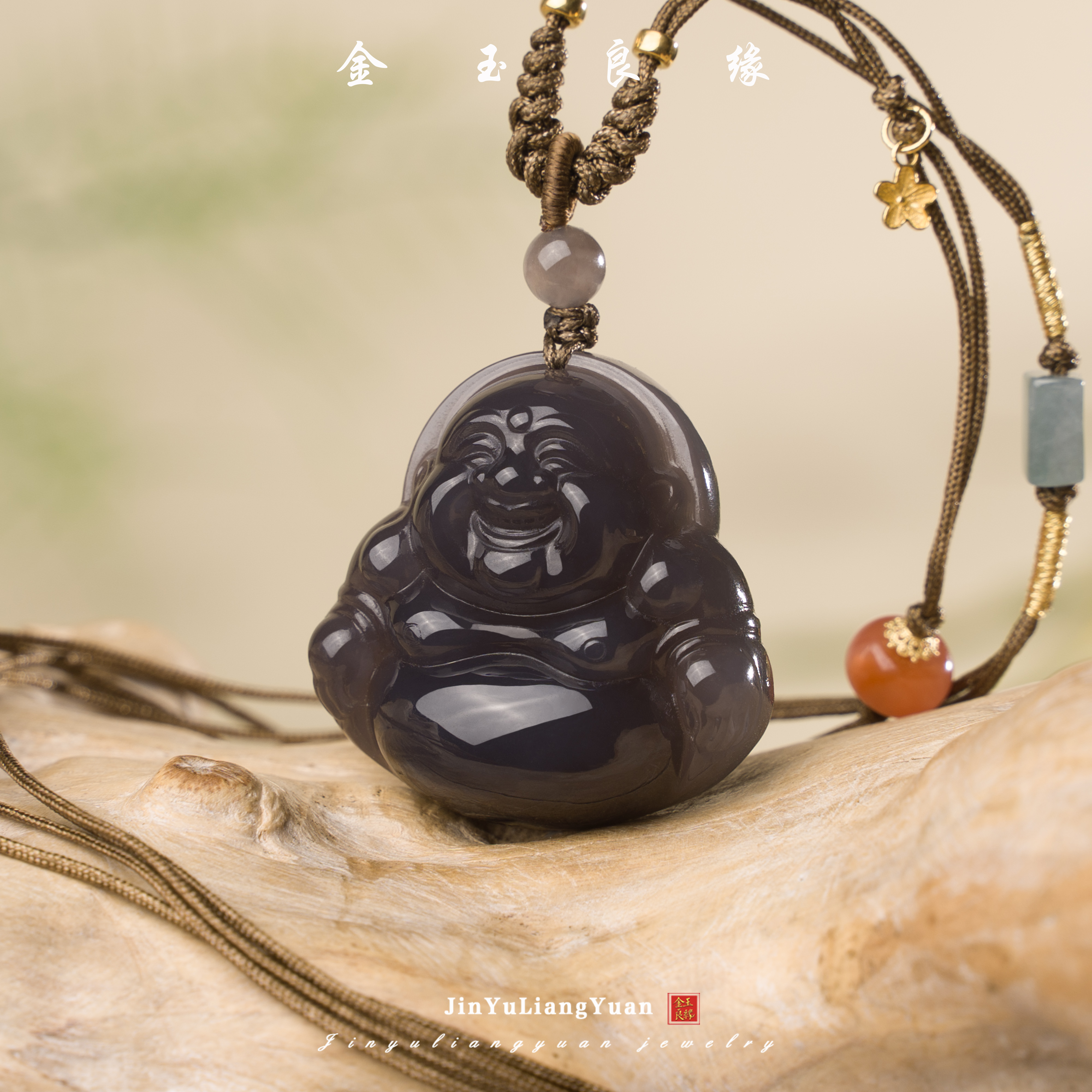 金玉良缘烟紫和田玉吊坠 大肚弥勒佛 颜色多样性发1