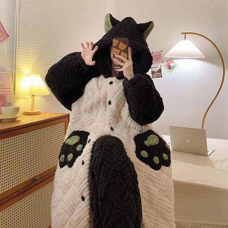 睡衣女款秋冬季三层夹棉袄珊瑚绒加厚浴袍套装法兰绒长款睡袍套装