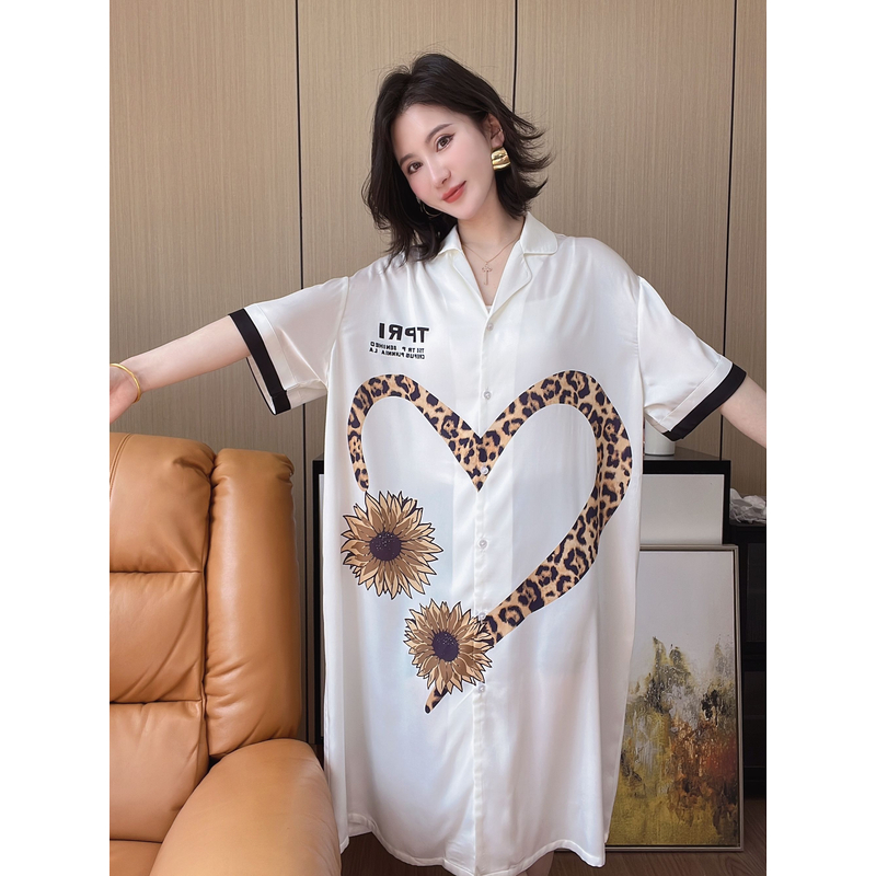 【#46】新款睡裙女夏季冰丝短袖中长款大码网红风性感衬衫睡衣