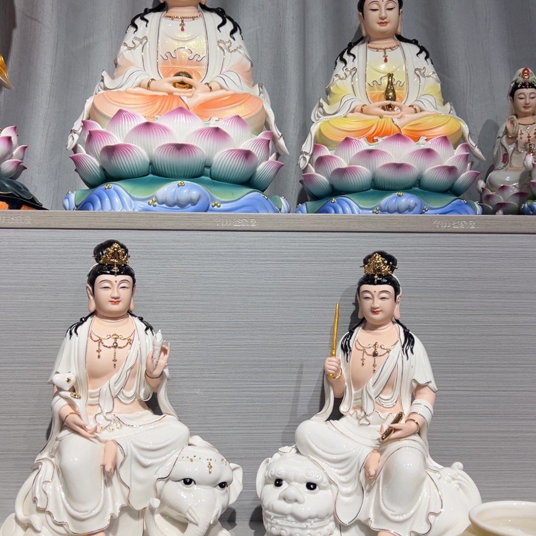 陶摆件12寸文殊普贤白衣描金