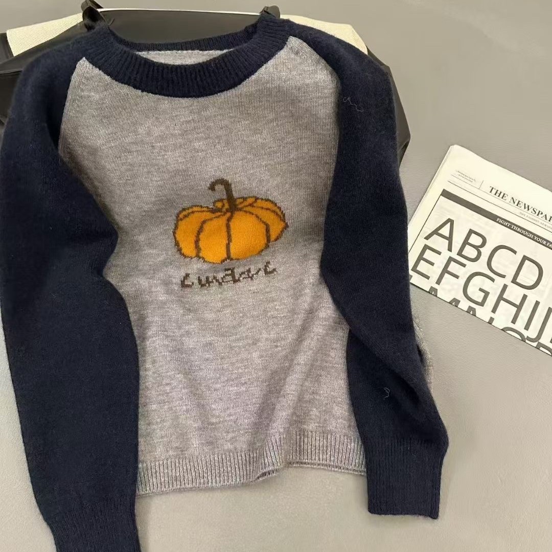 糯米绒加厚圆领南瓜图针织打底毛衣保暖套头毛衫