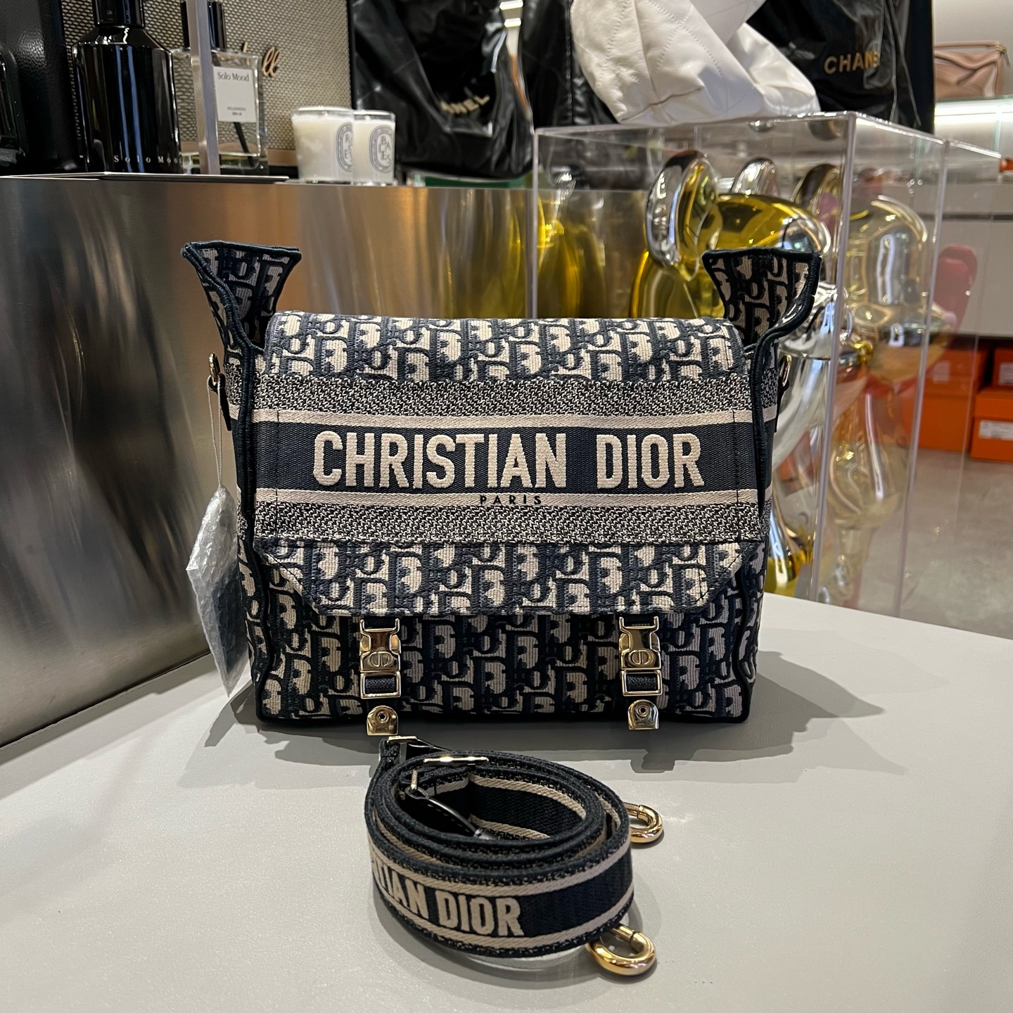95新 DIOR/迪奥 蓝色 Oblique 经典中号老花刺绣满印 单肩斜挎包