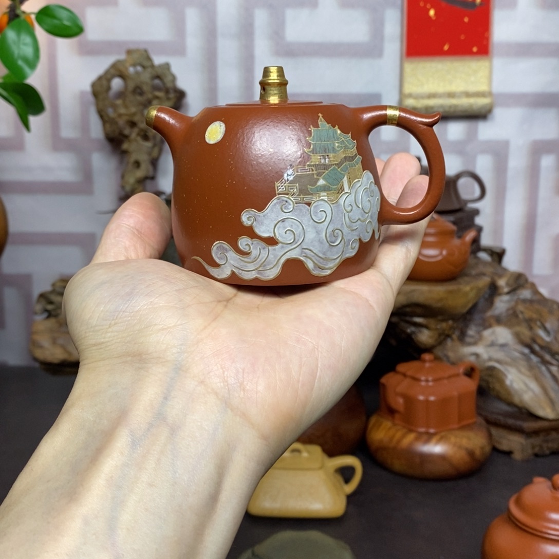 大***垛紫砂茶壶紫砂茶具朱泥井栏描金泥绘