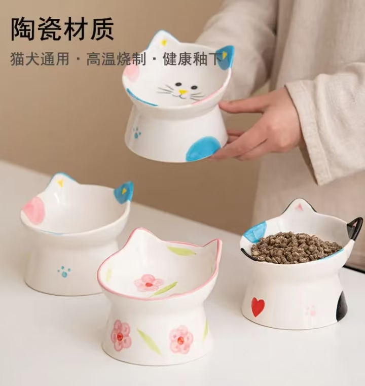 猫咪可爱小型创意大容量日式瓷碗斜口碗盆猫碗狗碗饭碗饮水ZH1209