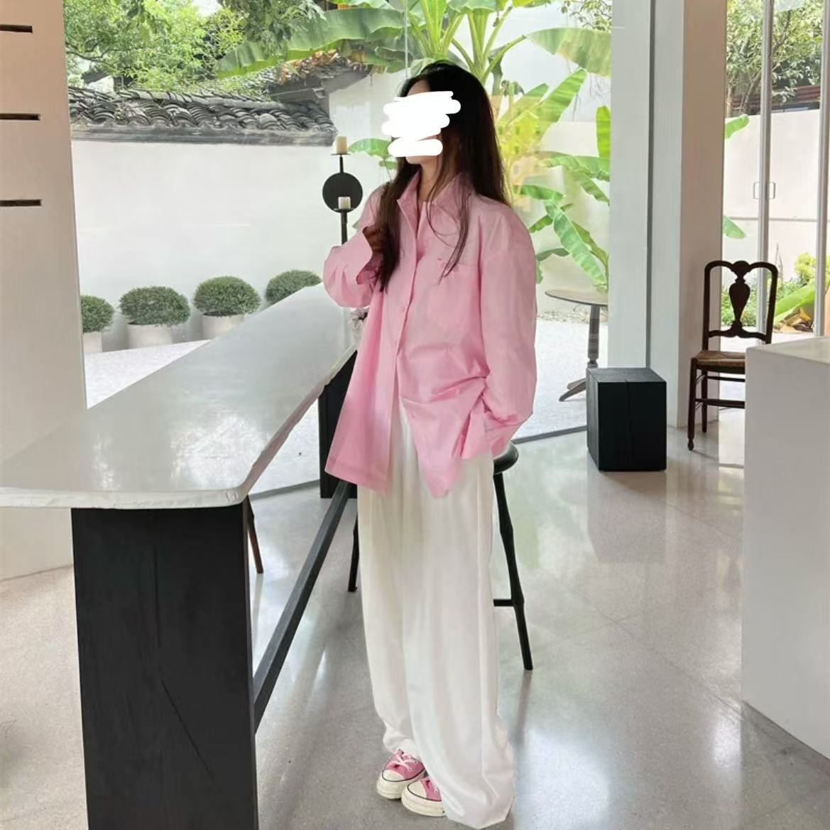 [胖鹅张]宽松粉polo领长袖休闲衬衣#3199[实物以直播间展示为准]