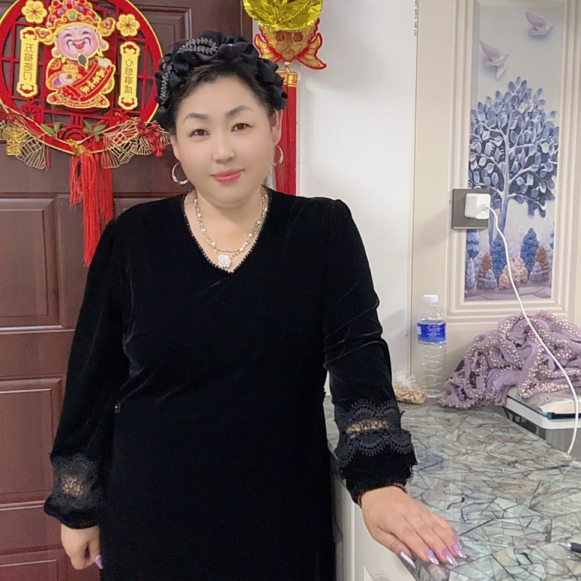 悦姐大码女装丝绒重工连衣裙时尚高端大气款