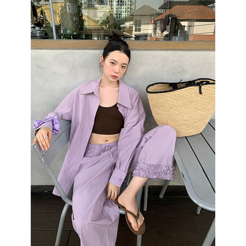 韩版休闲气质polo领条纹长袖衬衫女C3605