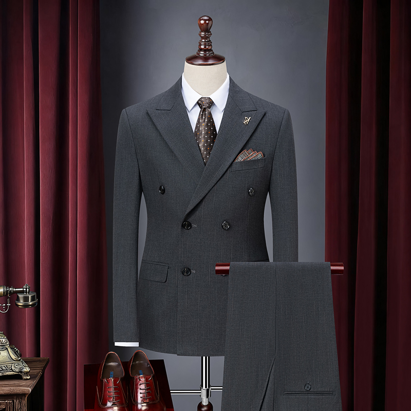 新款断线条纹婚礼男士西服英伦伴郎服商务修身帅气韩版西服套装