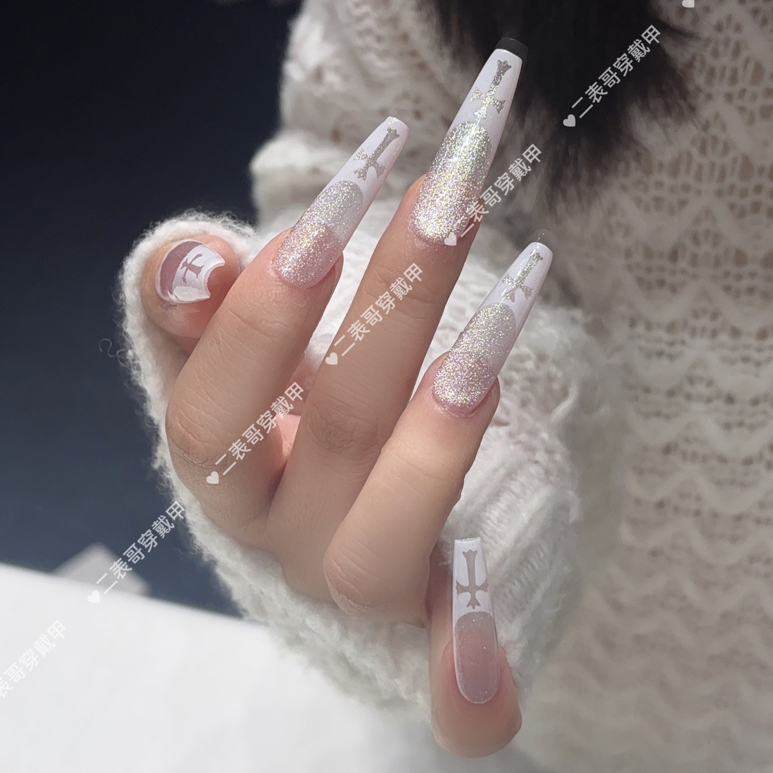 【镂空十字架】纯手工穿戴甲辣妹克罗心长款美甲爆闪猫眼可拆卸甲片