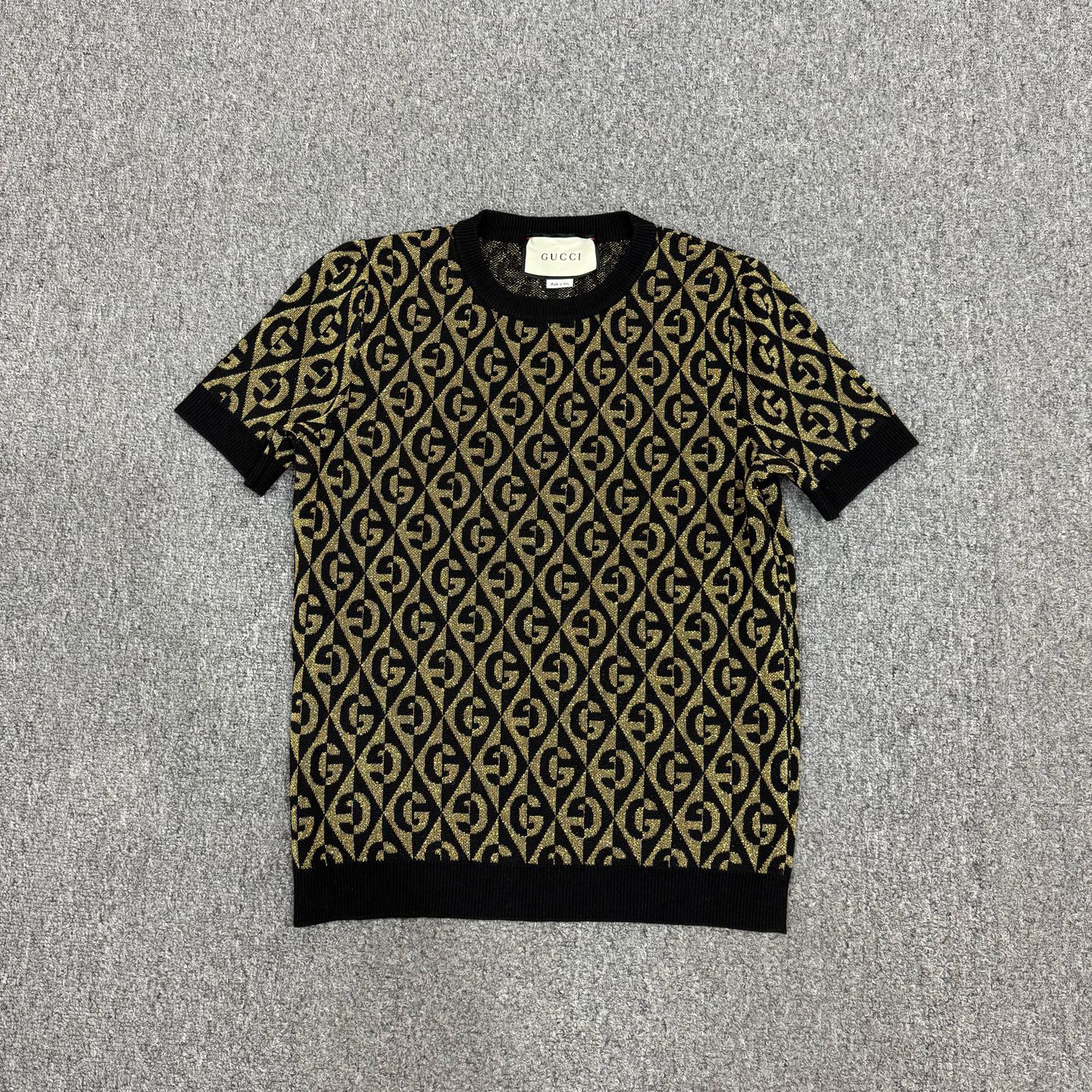 99新 GUCCI/古驰 18199539 nz 金线字母G满印针织短袖 XS码99新