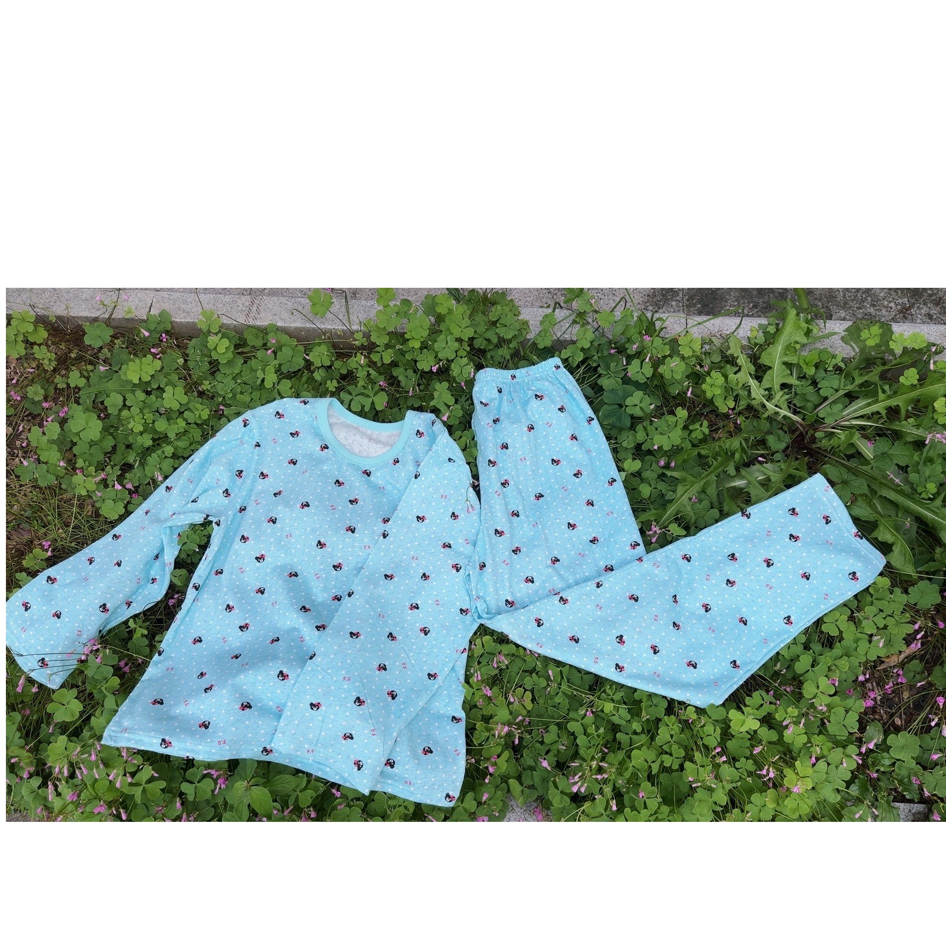 镂空纯棉长袖+长裤家居服碎花套装春秋全棉圆领印花波点上衣儿童