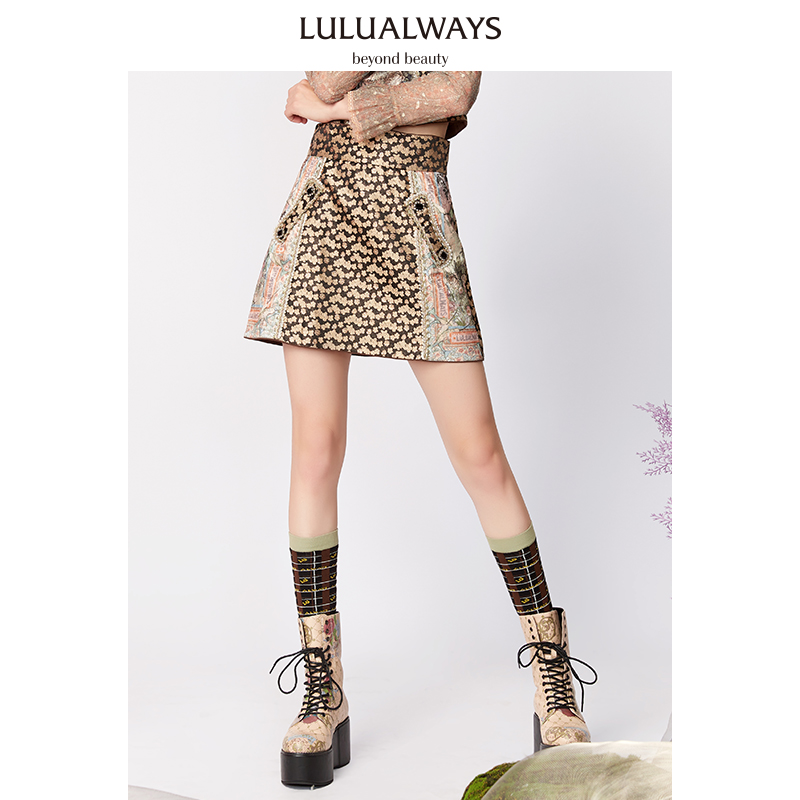 LULUALWAYS碎花印花高腰短裙半身a裙LMC40