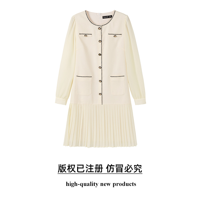 奢姿2025年春季新款大码女装拼接百褶法式裙子胖妹妹圆领连衣裙