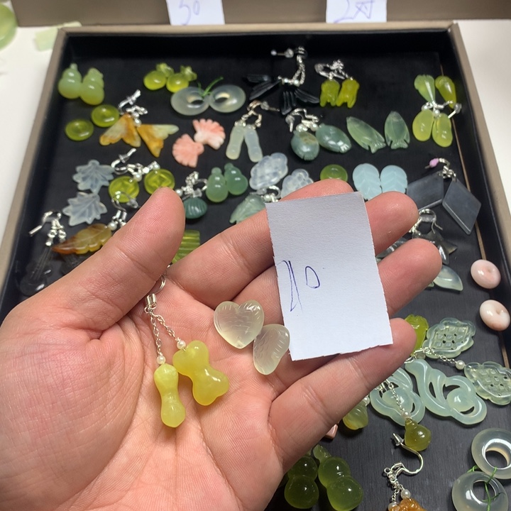 蛇纹石玉耳钉足银镀金镶嵌༄****