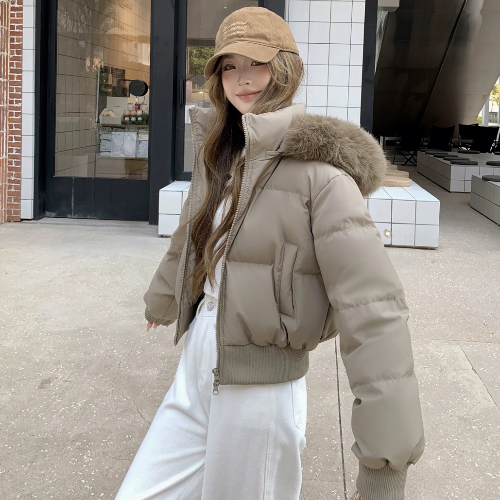 妖家#小个子连帽短款收腰羽绒服90白鸭绒