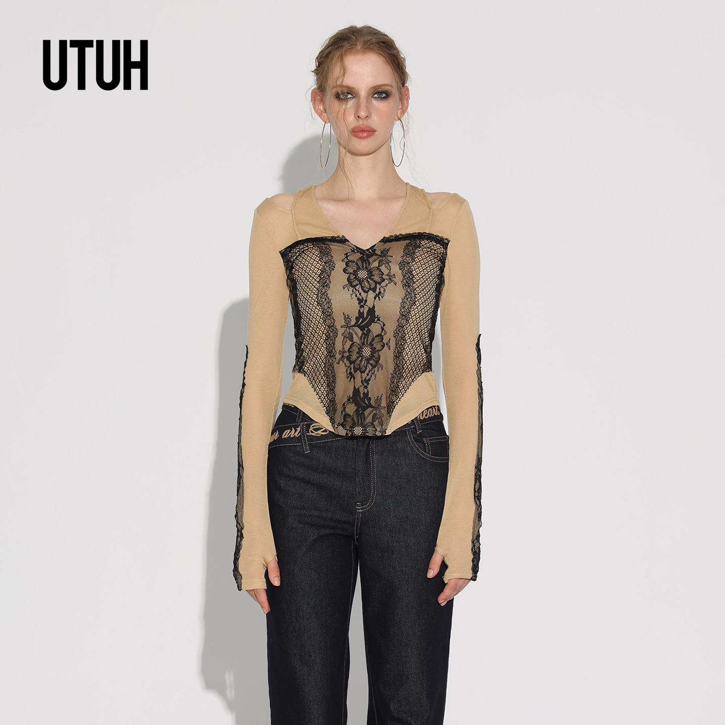 UTUH黑杏性感假两件蕾丝拼接上衣冬季女士打底衫25新款TDWWW2N485