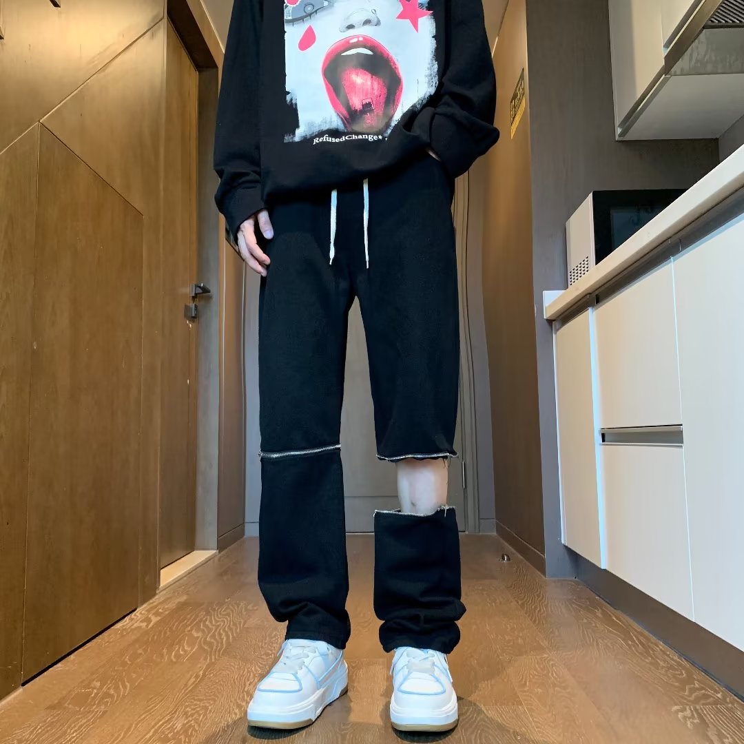 8181美式高街牛仔裤男复古做旧拉链两穿宽松长裤子2025年潮