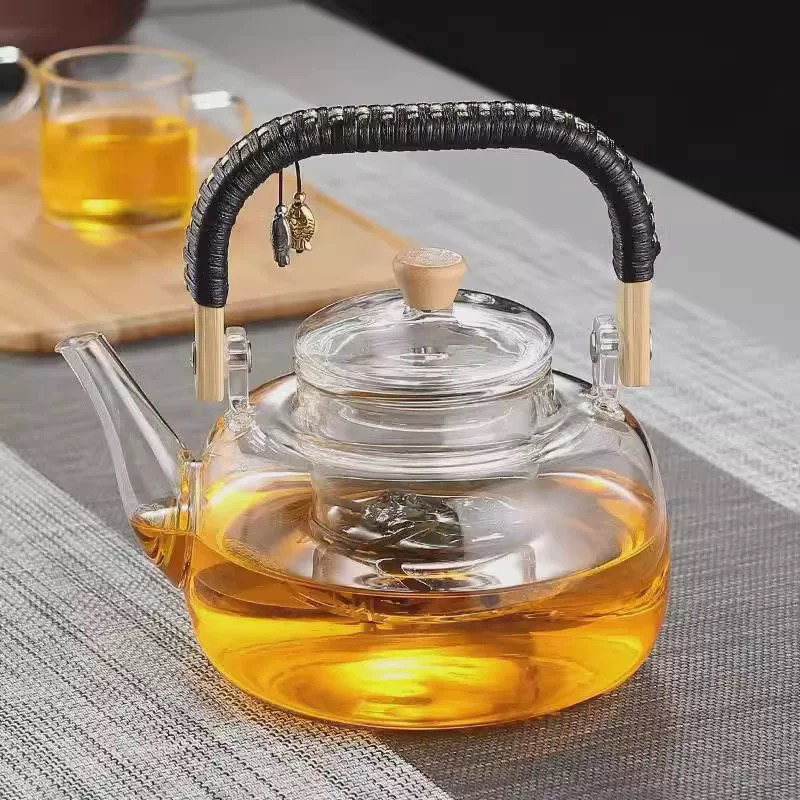 小鱼高硼硅玻璃透明色煮茶壶一壶六杯套装（赠亚克力杯架）