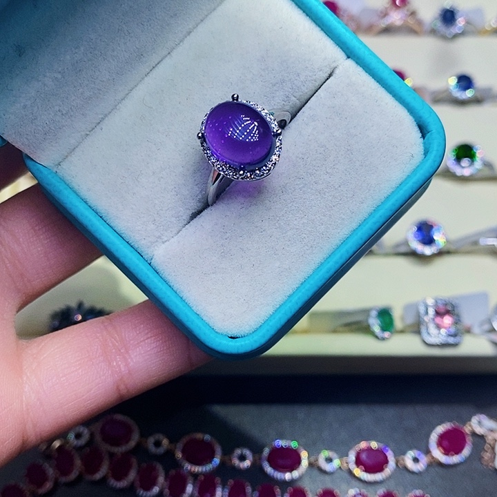 紫晶戒指银S925镶嵌蛋面