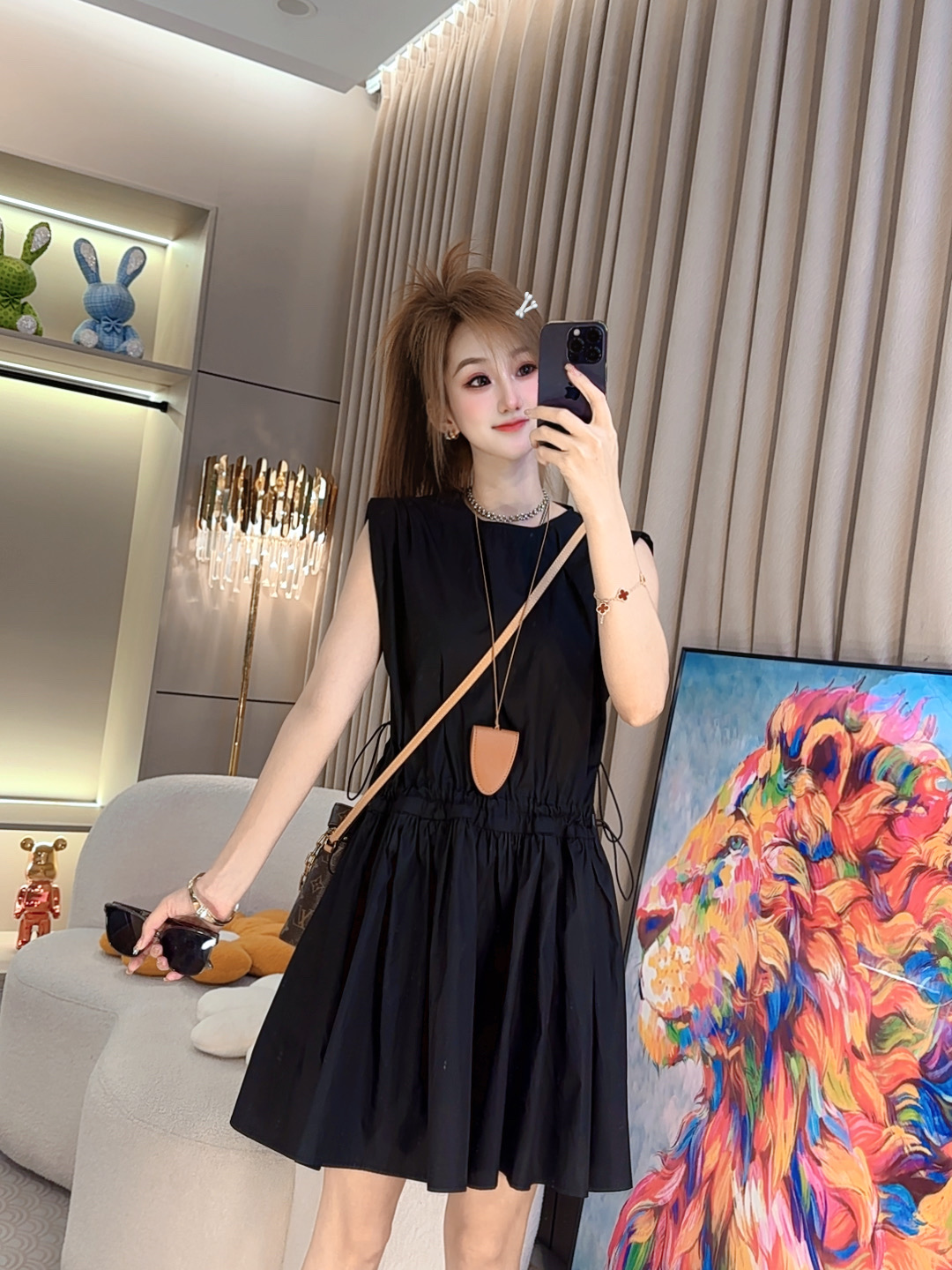 夏季时尚百搭宽松显瘦瘦腰气质抽绳中长款连衣裙