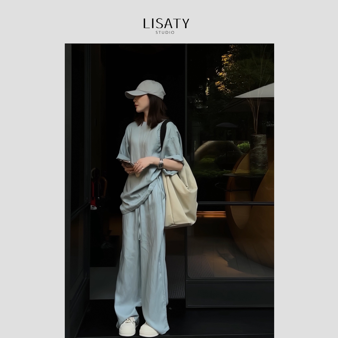 LISATY 亚麻系列 100%亚麻砂洗透气短袖圆领T恤上衣+长裤套装
