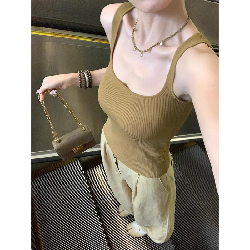 夏季辣妹方领气质针织吊带背心女遮副乳内搭打底修身外穿无袖上衣