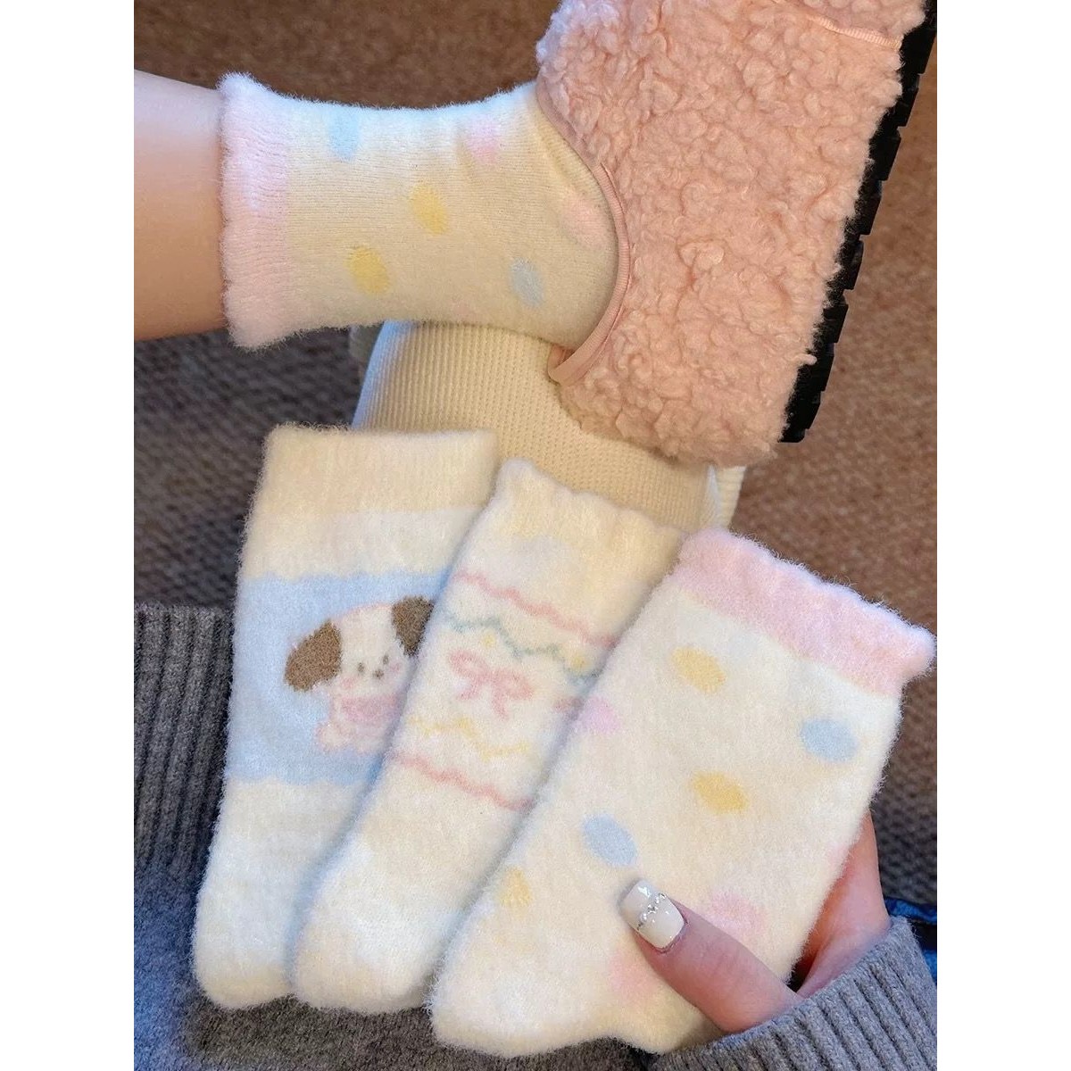 【4双】费尔岛花边袜子女秋冬款仿水貂绒中筒袜可爱加绒加厚保暖LLW