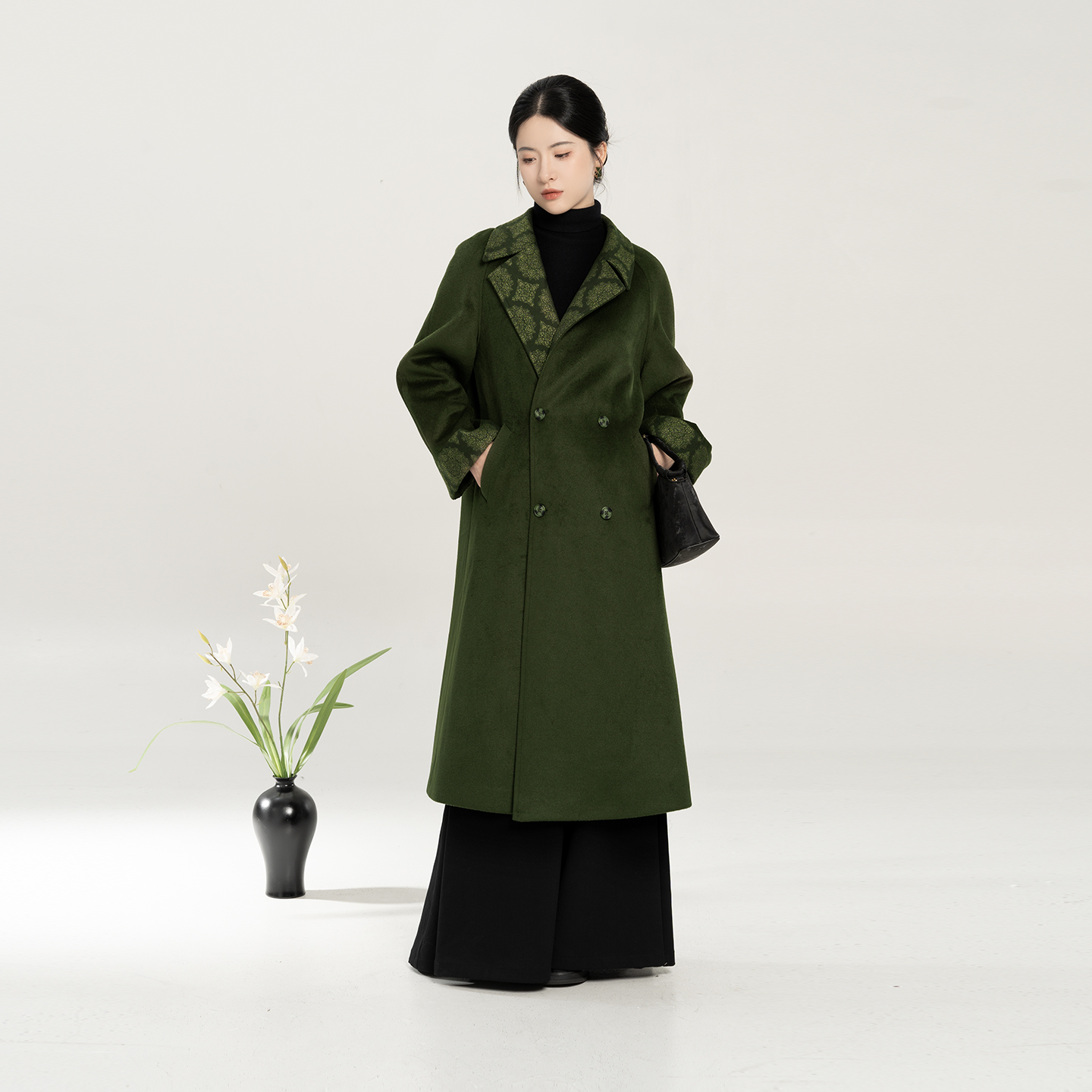 织造司[青黛山]新中式翻领羊毛呢子大衣外套针织高领毛衣阔腿宋裤