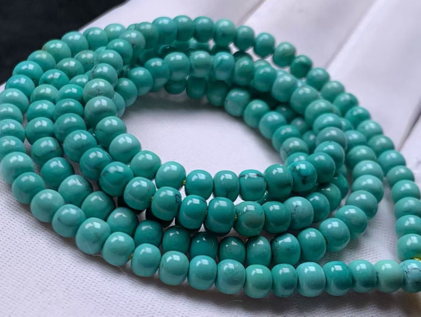 瓷釉级玉化水草纹正绿料绿松石老型108佛珠念珠项链，直径4+长串