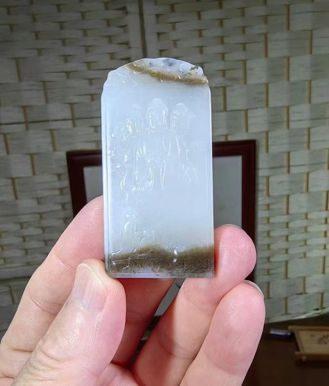 新疆和田玉羊脂玉《三圣佛》，藏品，油润肉细过灯完美，60*30*8mm，36g