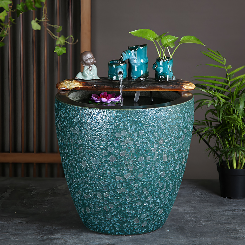 水循环造景客厅风水招财聚宝盆门面公司加湿器落地金鱼缸荷花水缸