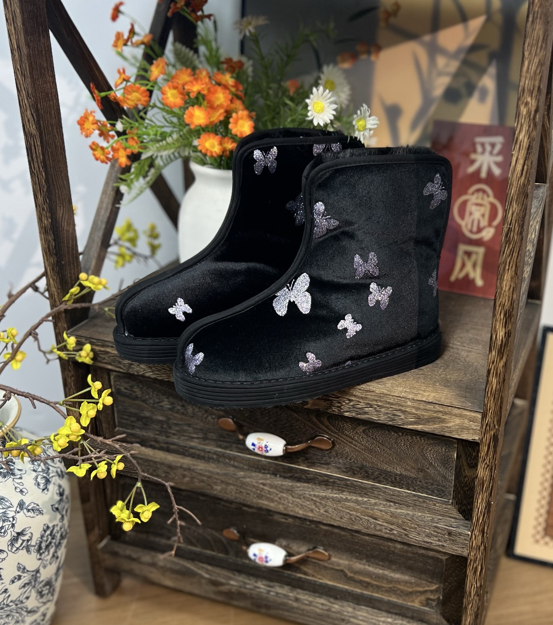 采棠风2025冬上新（梦蝶）大棉高帮新中式圆头休闲时尚短靴手工布鞋