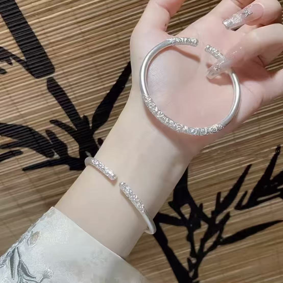 足银手镯 卷草纹开口镯新中式足银手镯女高级款金箍