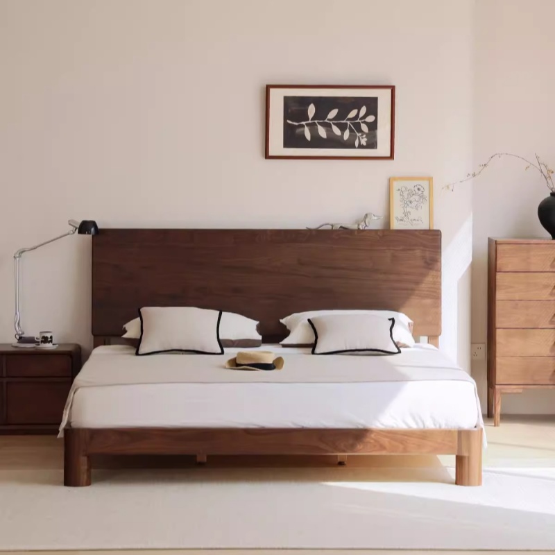北美黑胡桃木全实木床北欧简约卧室小户型高靠背双人床1.8米1.5米
