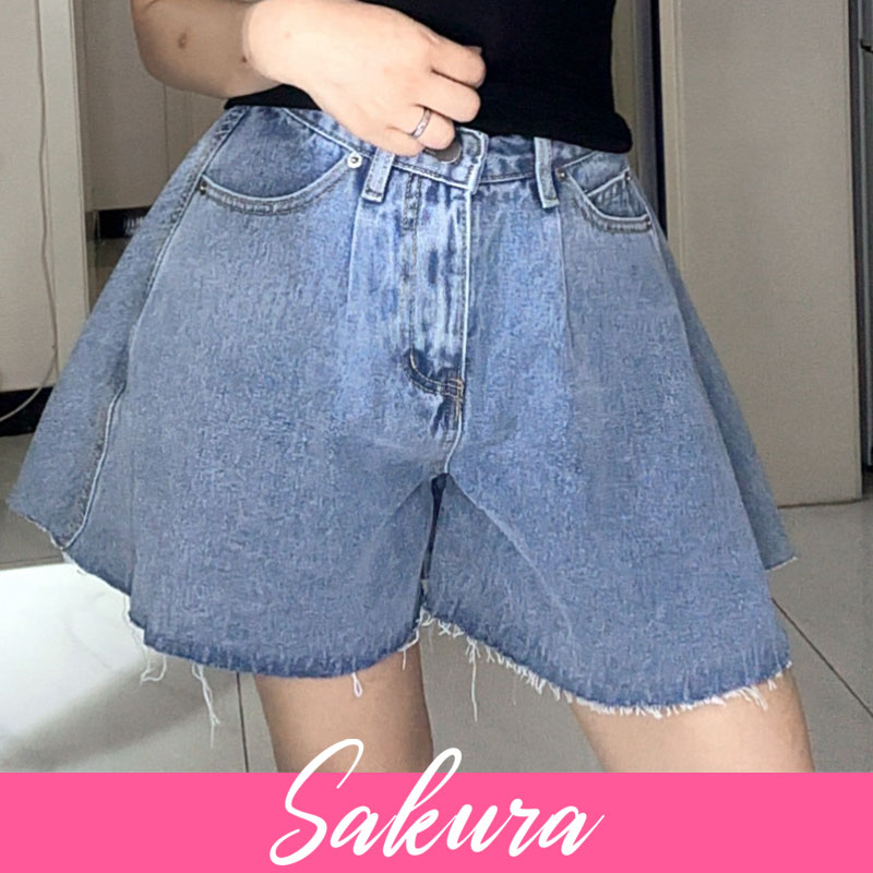 2025新品复古高腰A字水洗毛边阔腿毛边微喇牛仔短裤
