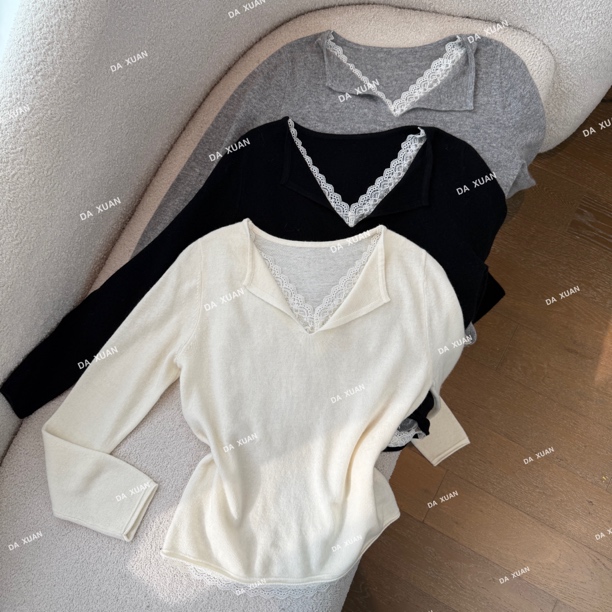 /D.X/冬季新款『蕾丝拼接』小众设计V领高级感时尚气质百搭针织衫