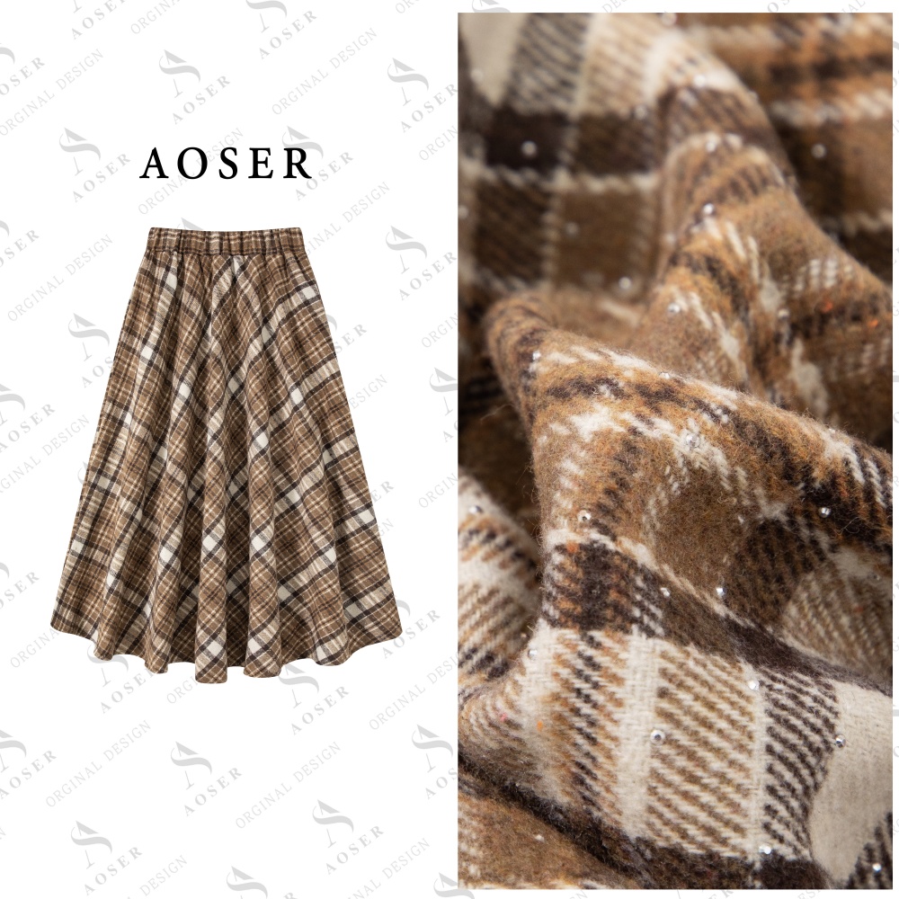 AOSER潮流时尚百搭高腰中长款松紧带格子半身裙女装808