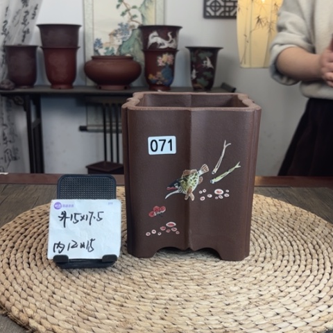 紫砂花盆紫玉金砂年年有余手绘071